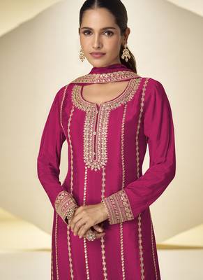Pink embroidered chinon silk salwar suit 2