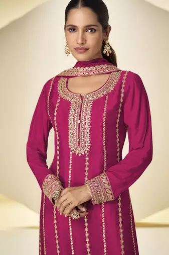 Pink embroidered chinon silk salwar suit