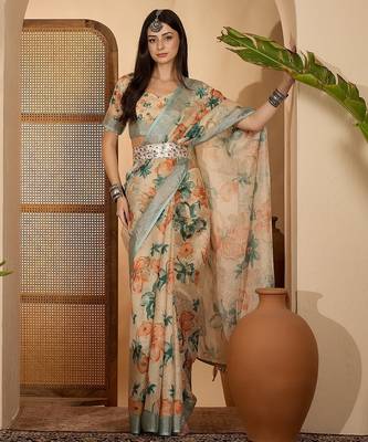 Beige floral digital print linen zari saree with belt zari border lightweight festive saree 1