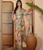 Beige floral digital print linen zari saree with belt zari border lightweight festive saree