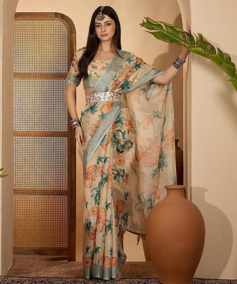 Beige floral digital print linen zari saree with belt zari border lightweight festive saree