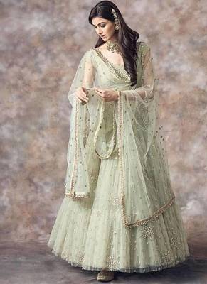 Pista green soft net embroidery work lehenga choli set with dupatta 1