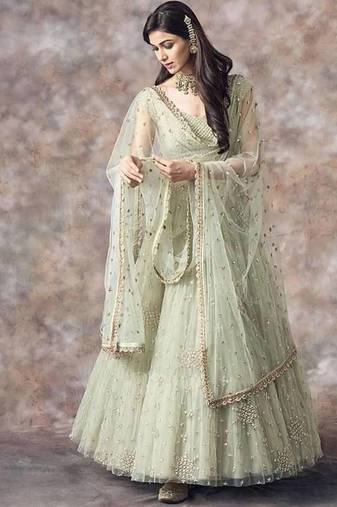 Pista green soft net embroidery work lehenga choli set with dupatta