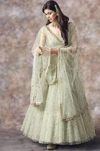 Pista green soft net embroidery work lehenga choli set with dupatta