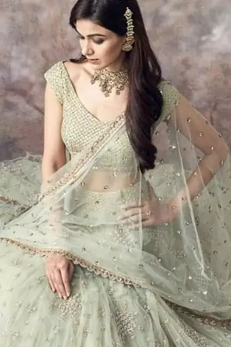 Pista green soft net embroidery work lehenga choli set with dupatta