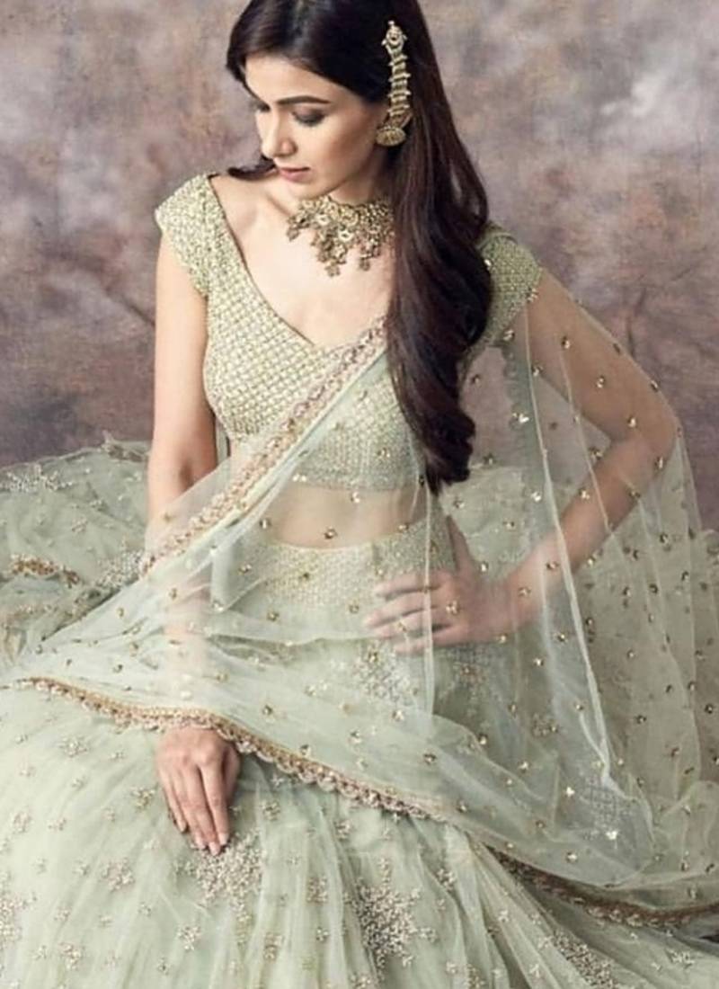 Pista green soft net embroidery work lehenga choli set with dupatta