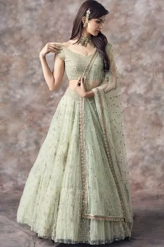 Pista green soft net embroidery work lehenga choli set with dupatta