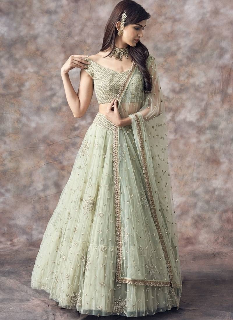 Pista green soft net embroidery work lehenga choli set with dupatta