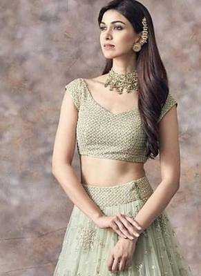 Pista green soft net embroidery work lehenga choli set with dupatta 4
