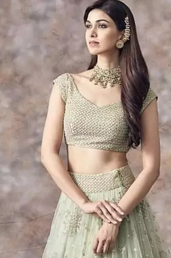 Pista green soft net embroidery work lehenga choli set with dupatta