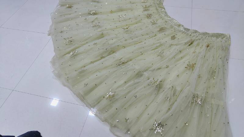Pista green soft net embroidery work lehenga choli set with dupatta