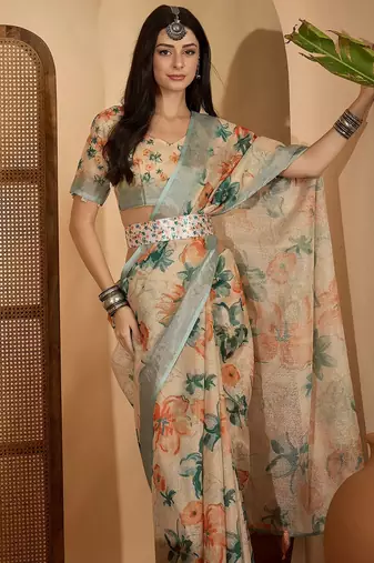 Beige floral digital print linen zari saree with belt zari border lightweight festive saree