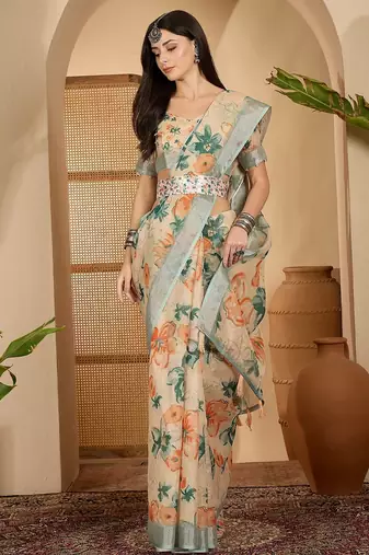 Beige floral digital print linen zari saree with belt zari border lightweight festive saree