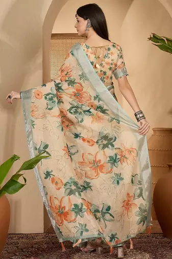 Beige floral digital print linen zari saree with belt zari border lightweight festive saree