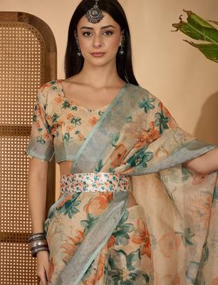 Beige floral digital print linen zari saree with belt zari border lightweight festive saree 5