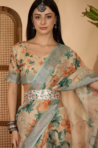 Beige floral digital print linen zari saree with belt zari border lightweight festive saree