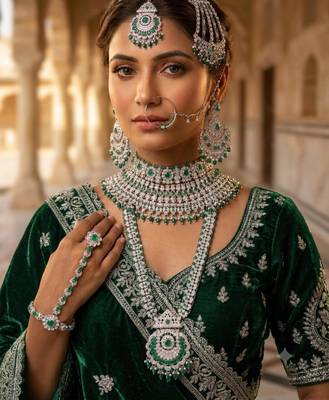 Green 2-layer bridal jewelry set with earrings, maang tikka, pasha, nath & panja | rhodium plated 1
