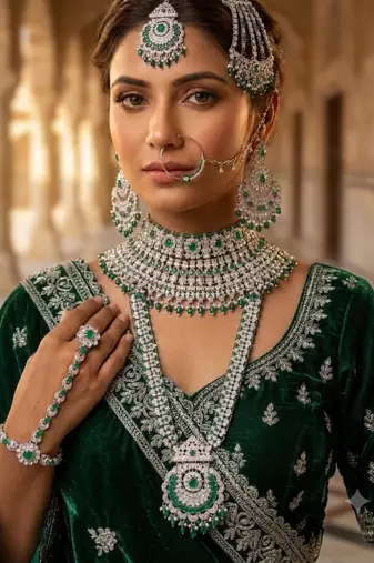 Green 2-layer bridal jewelry set with earrings, maang tikka, pasha, nath & panja | rhodium plated