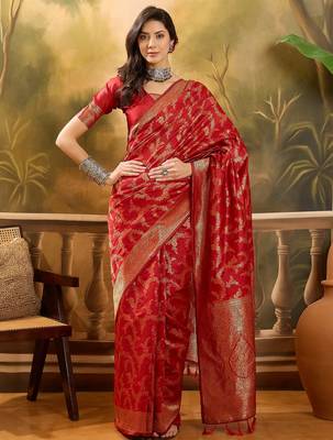 red banarasi jacquard saree with golden zari weaving & tassel pallu     unstitched blouse 1