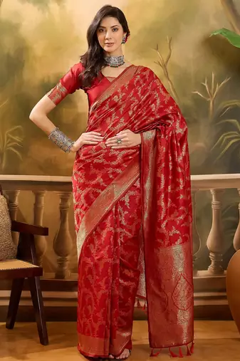 red banarasi jacquard saree with golden zari weaving & tassel pallu     unstitched blouse