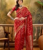 red banarasi jacquard saree with golden zari weaving & tassel pallu     unstitched blouse