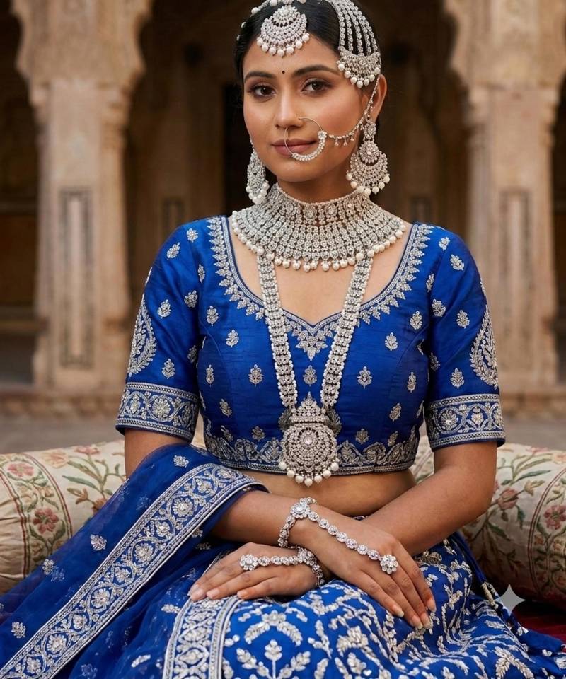 White 2-layer bridal jewelry set with earrings, maang tikka, pasha, nath & panja | rhodium plated