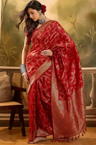 red banarasi jacquard saree with golden zari weaving & tassel pallu     unstitched blouse