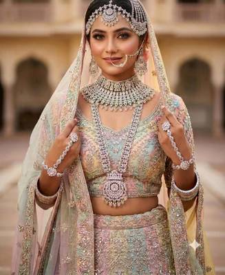 pink pista 2-layer bridal jewelry set with earrings, maang tikka, pasha, nath & panja   rhodium plated 1