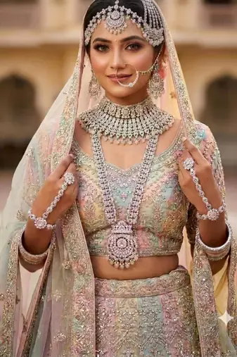 Pink pista 2-layer bridal jewelry set with earrings, maang tikka, pasha, nath & panja | rhodium plated
