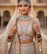 pink pista 2-layer bridal jewelry set with earrings, maang tikka, pasha, nath & panja   rhodium plated