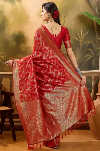 red banarasi jacquard saree with golden zari weaving & tassel pallu     unstitched blouse