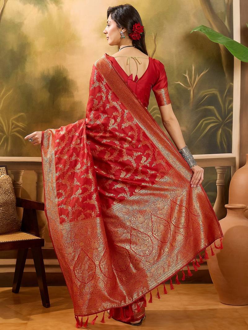red banarasi jacquard saree with golden zari weaving & tassel pallu     unstitched blouse
