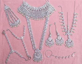 pink pista 2-layer bridal jewelry set with earrings, maang tikka, pasha, nath & panja   rhodium plated 2
