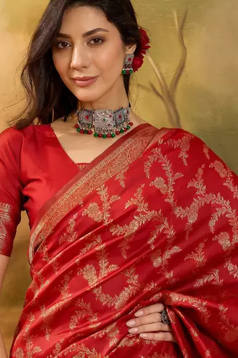 red banarasi jacquard saree with golden zari weaving & tassel pallu     unstitched blouse