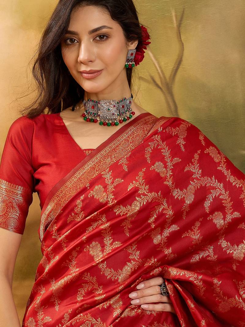 red banarasi jacquard saree with golden zari weaving & tassel pallu     unstitched blouse