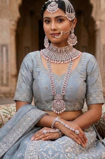 baby pink 2-layer bridal jewelry set with earrings, maang tikka, pasha, nath & panja   rhodium plated