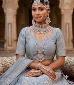 baby pink 2-layer bridal jewelry set with earrings, maang tikka, pasha, nath & panja   rhodium plated