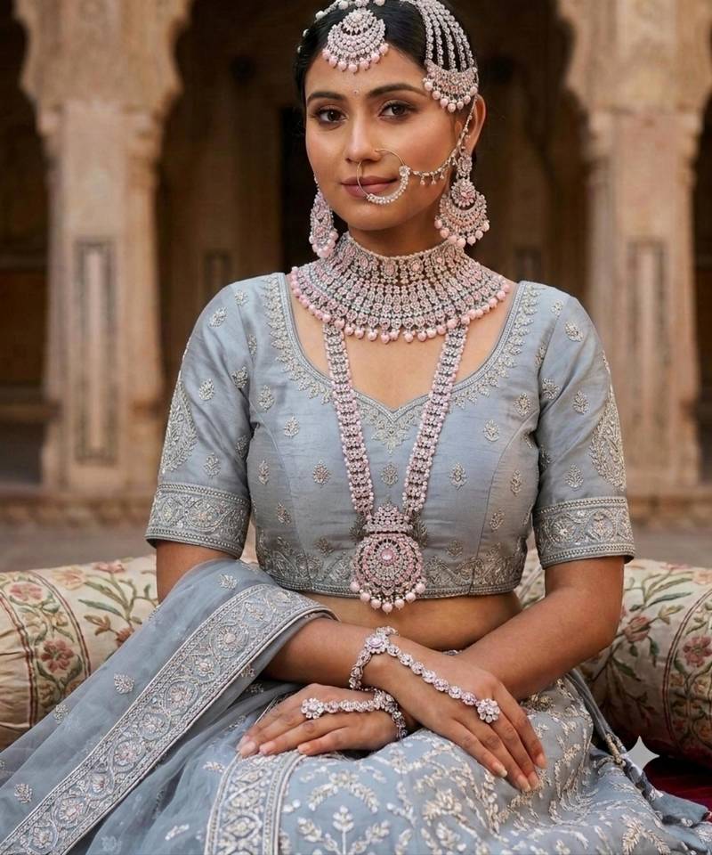 baby pink 2-layer bridal jewelry set with earrings, maang tikka, pasha, nath & panja   rhodium plated