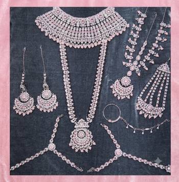 baby pink 2-layer bridal jewelry set with earrings, maang tikka, pasha, nath & panja   rhodium plated 2