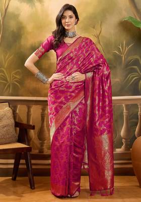 pink banarasi jacquard saree with golden zari weaving & tassel pallu     unstitched blouse 1