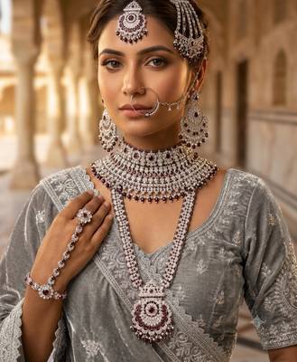 purple 2-layer bridal jewelry set with earrings, maang tikka, pasha, nath & panja   rhodium plated 1