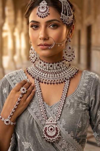 purple 2-layer bridal jewelry set with earrings, maang tikka, pasha, nath & panja   rhodium plated