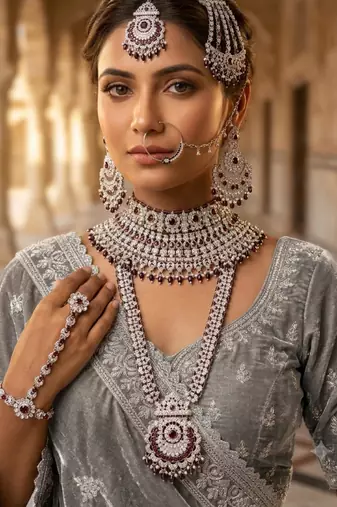 purple 2-layer bridal jewelry set with earrings, maang tikka, pasha, nath & panja   rhodium plated