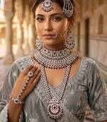 purple 2-layer bridal jewelry set with earrings, maang tikka, pasha, nath & panja   rhodium plated