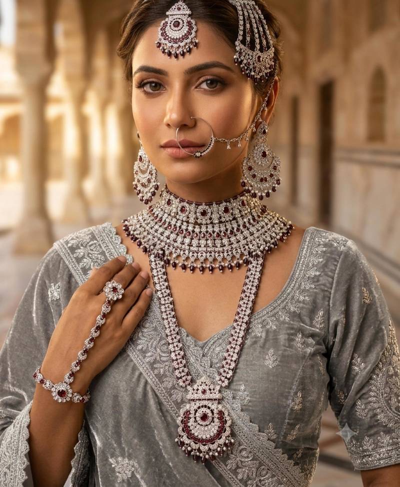 purple 2-layer bridal jewelry set with earrings, maang tikka, pasha, nath & panja   rhodium plated