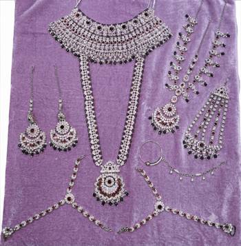 purple 2-layer bridal jewelry set with earrings, maang tikka, pasha, nath & panja   rhodium plated 2