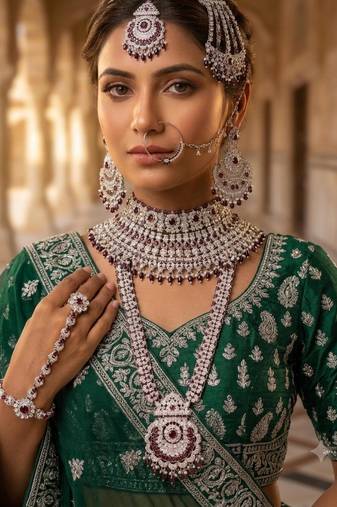 maroon 2-layer bridal jewelry set with earrings, maang tikka, pasha, nath & panja   rhodium plated