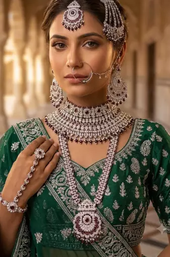 maroon 2-layer bridal jewelry set with earrings, maang tikka, pasha, nath & panja   rhodium plated