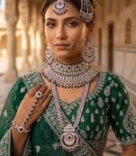Maroon 2-layer bridal jewelry set with earrings, maang tikka, pasha, nath & panja | rhodium plated