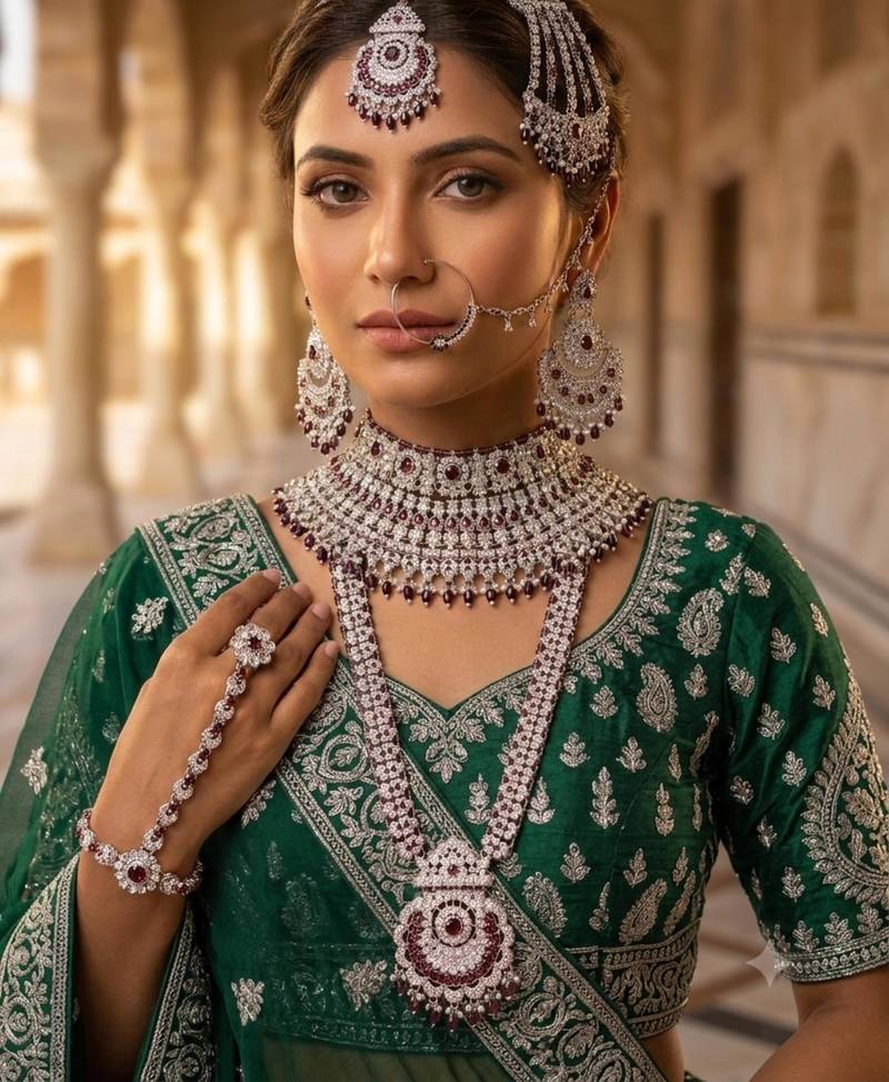 Maroon 2-layer bridal jewelry set with earrings, maang tikka, pasha, nath & panja | rhodium plated